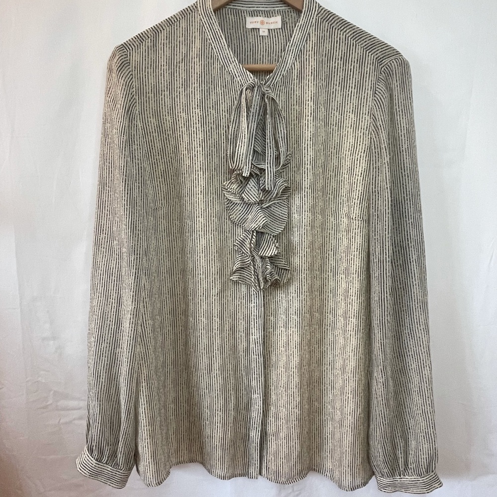 Tory Burch Silk Button Down Ruffle Blouse Size 14